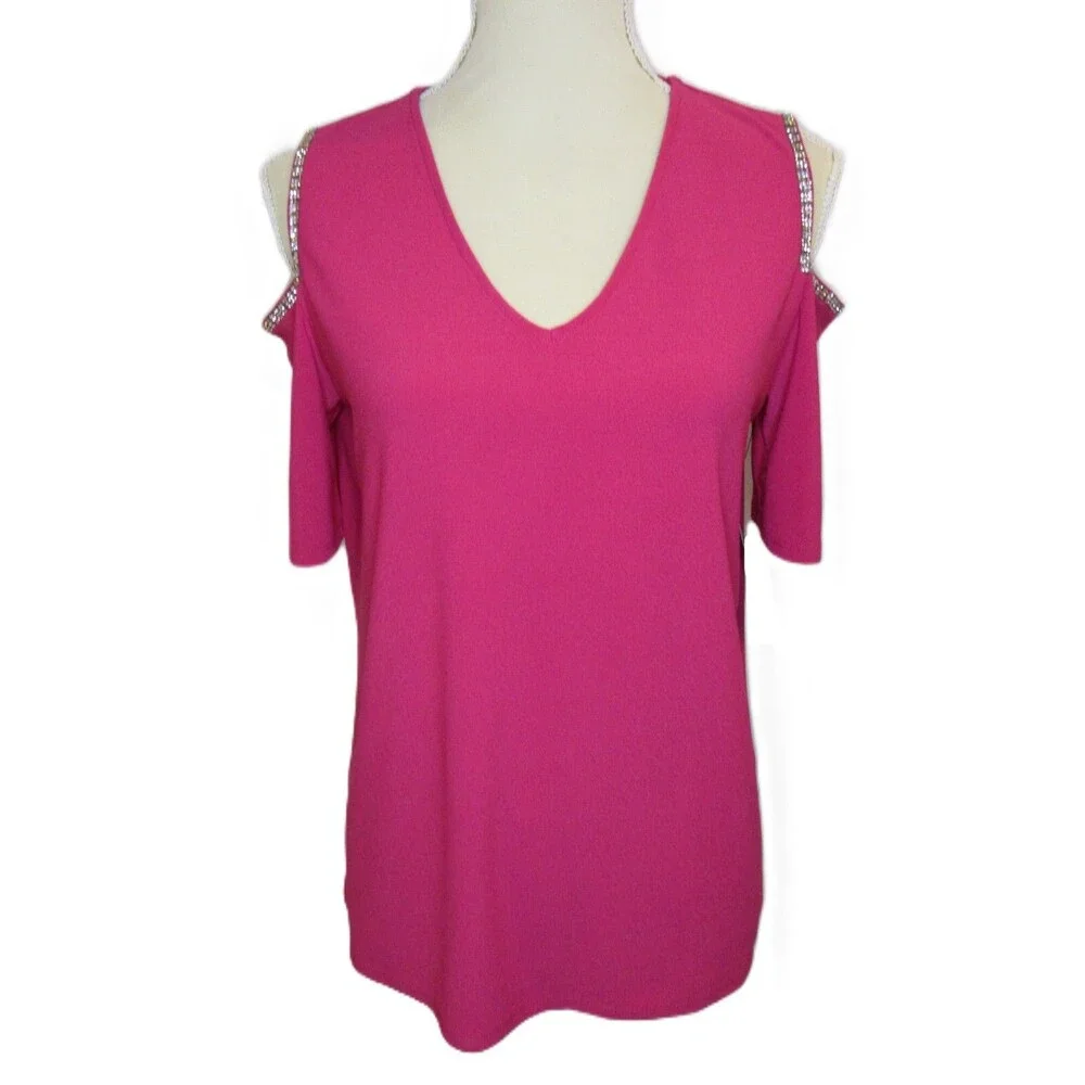 Cold Shoulder Top Glam Blouse Womens M Hot Magenta Pink Stretch Rhinestones NWT